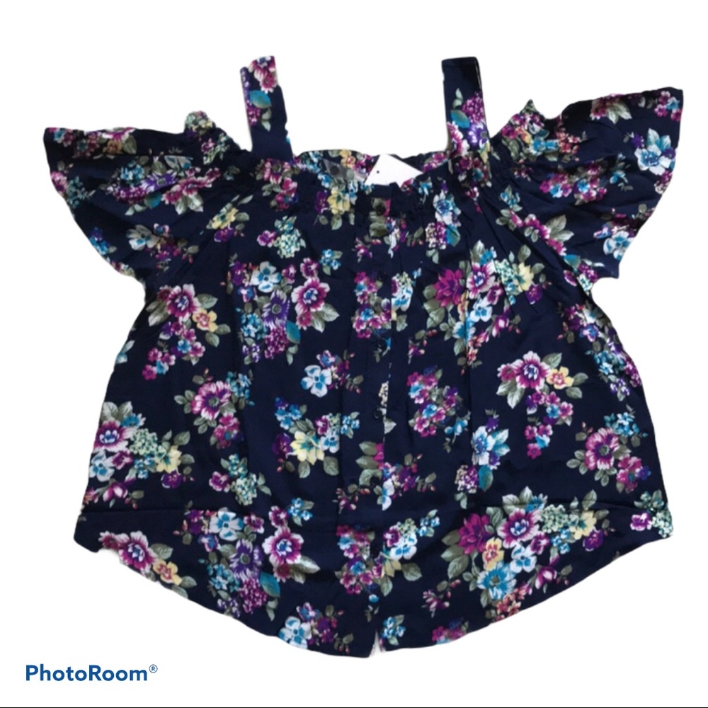 Woman Within Adjustable Cold shoulder Floral Navy blue blouse top button front - Picture 5 of 11